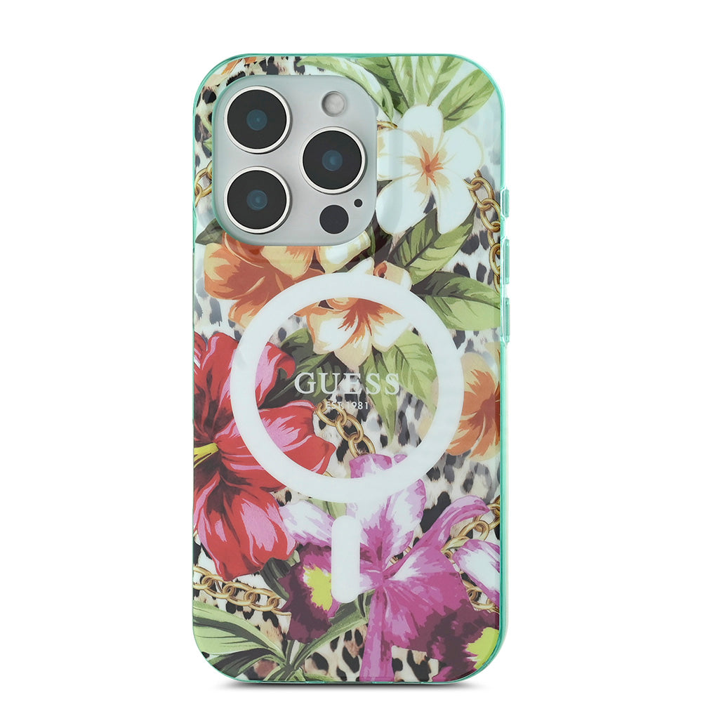 Apple iPhone 16 Pro Max Kılıf Guess Magsafe Şarj Özellikli IML Baskılı Jungle Ring Kapak Yeşil