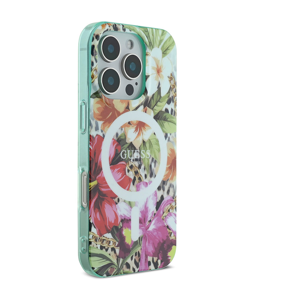 Apple iPhone 16 Pro Max Kılıf Guess Magsafe Şarj Özellikli IML Baskılı Jungle Ring Kapak Yeşil