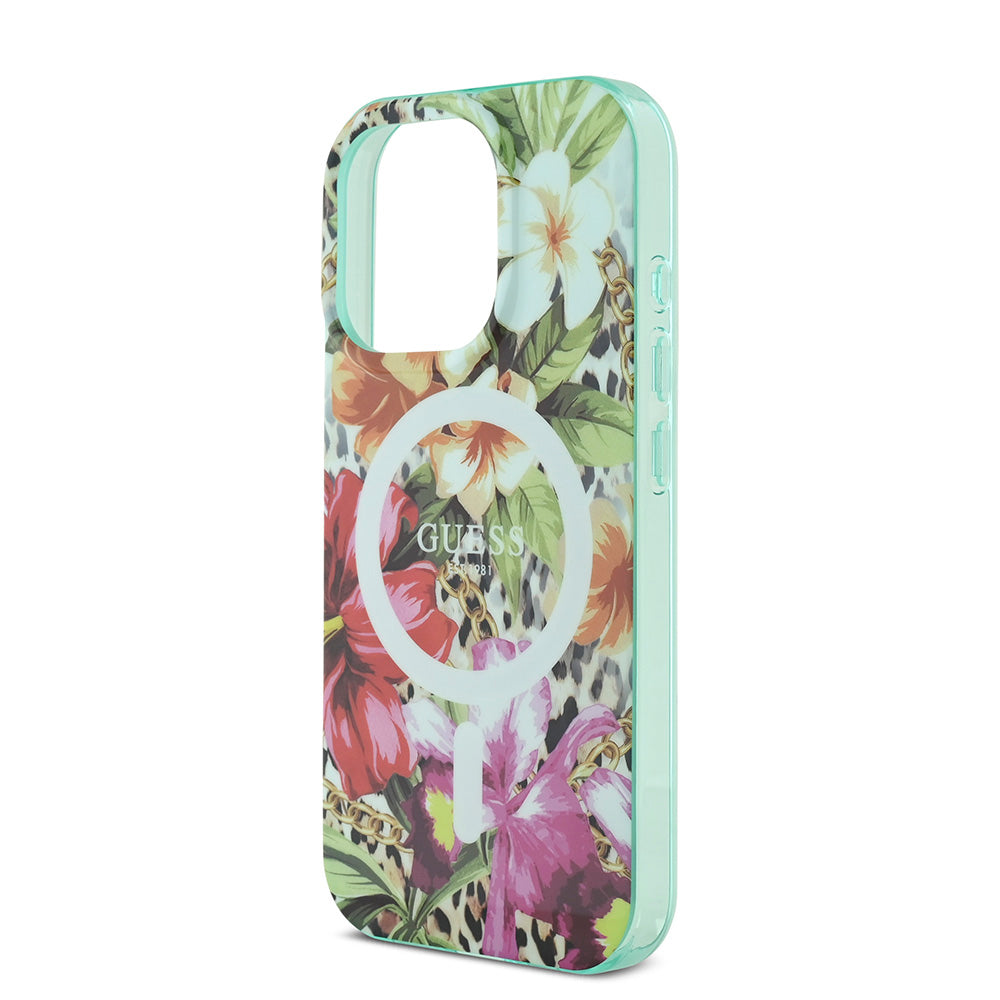 Apple iPhone 16 Pro Max Kılıf Guess Magsafe Şarj Özellikli IML Baskılı Jungle Ring Kapak Yeşil