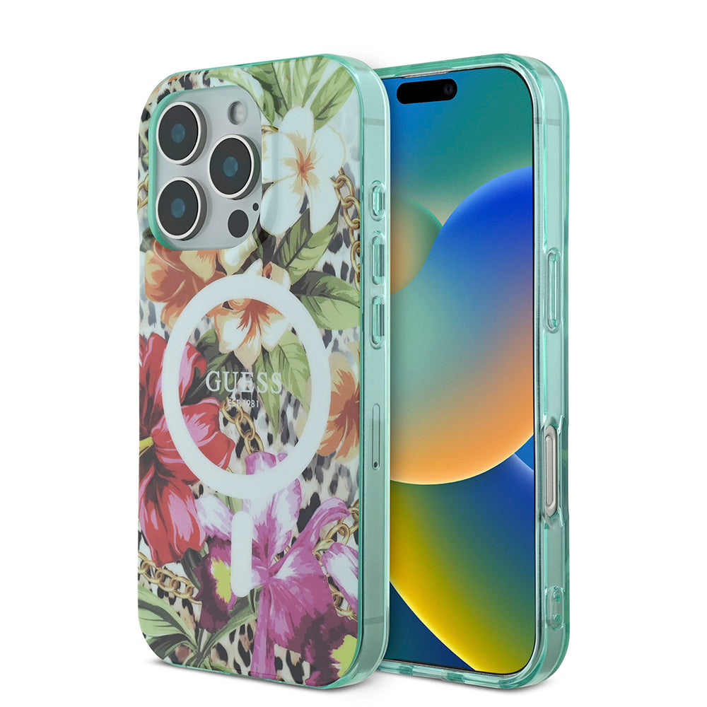 Apple iPhone 16 Pro Max Kılıf Guess Magsafe Şarj Özellikli IML Baskılı Jungle Ring Kapak Yeşil