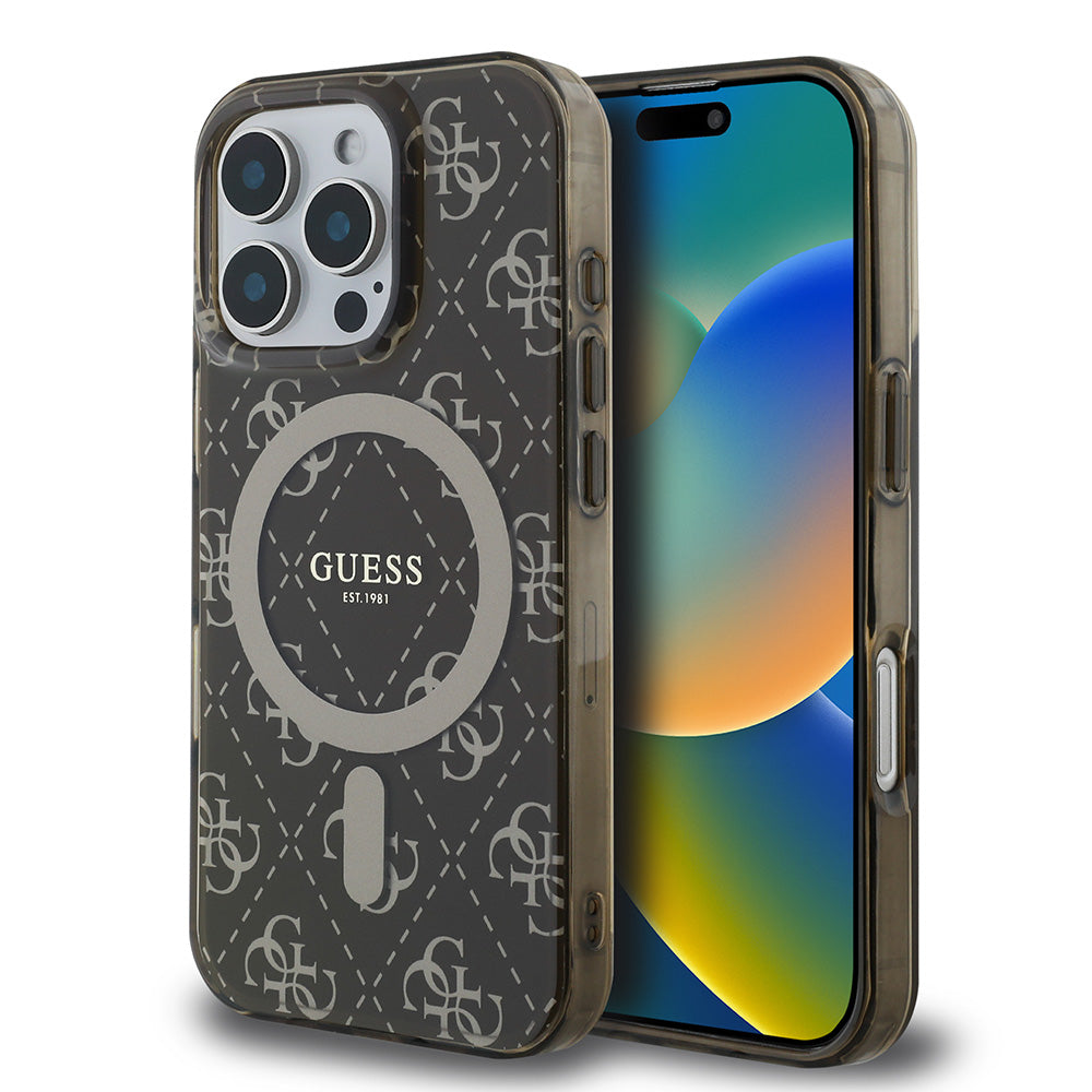 Apple iPhone 16 Pro Max Kılıf Guess Magsafe Şarj Özellikli IML Baskılı Klasik Logolu 4G Desenli Kapak Kahverengi