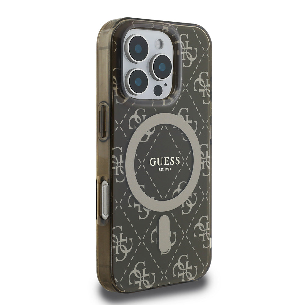 Apple iPhone 16 Pro Max Kılıf Guess Magsafe Şarj Özellikli IML Baskılı Klasik Logolu 4G Desenli Kapak Kahverengi