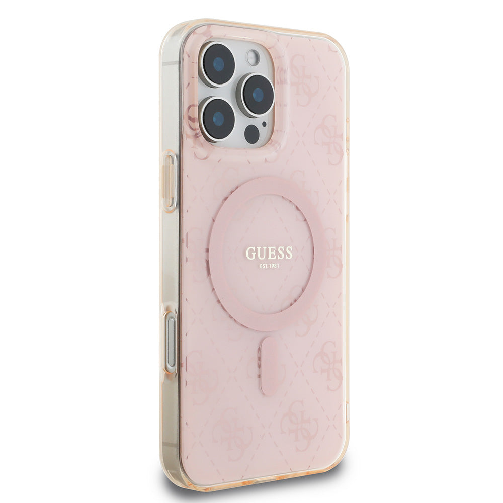 Apple iPhone 16 Pro Max Kılıf Guess Magsafe Şarj Özellikli IML Baskılı Klasik Logolu 4G Desenli Kapak Pembe