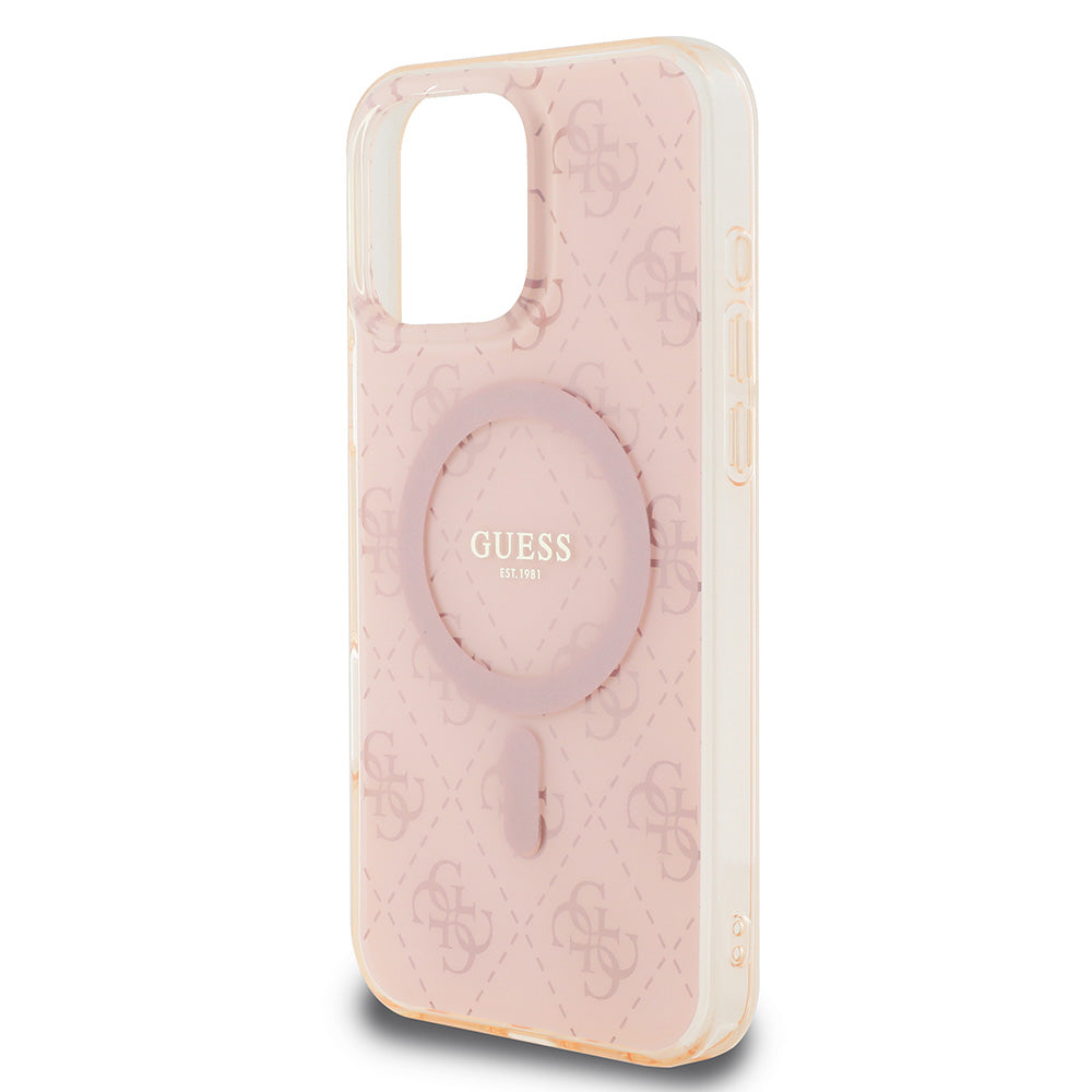 Apple iPhone 16 Pro Max Kılıf Guess Magsafe Şarj Özellikli IML Baskılı Klasik Logolu 4G Desenli Kapak Pembe
