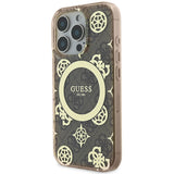 Apple iPhone 16 Pro Max Kılıf Guess Magsafe Şarj Özellikli IML Peony ve 4G Desenli Klasik Logolu Kapak Kahverengi
