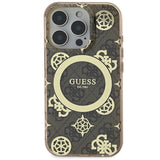 Apple iPhone 16 Pro Max Kılıf Guess Magsafe Şarj Özellikli IML Peony ve 4G Desenli Klasik Logolu Kapak Kahverengi
