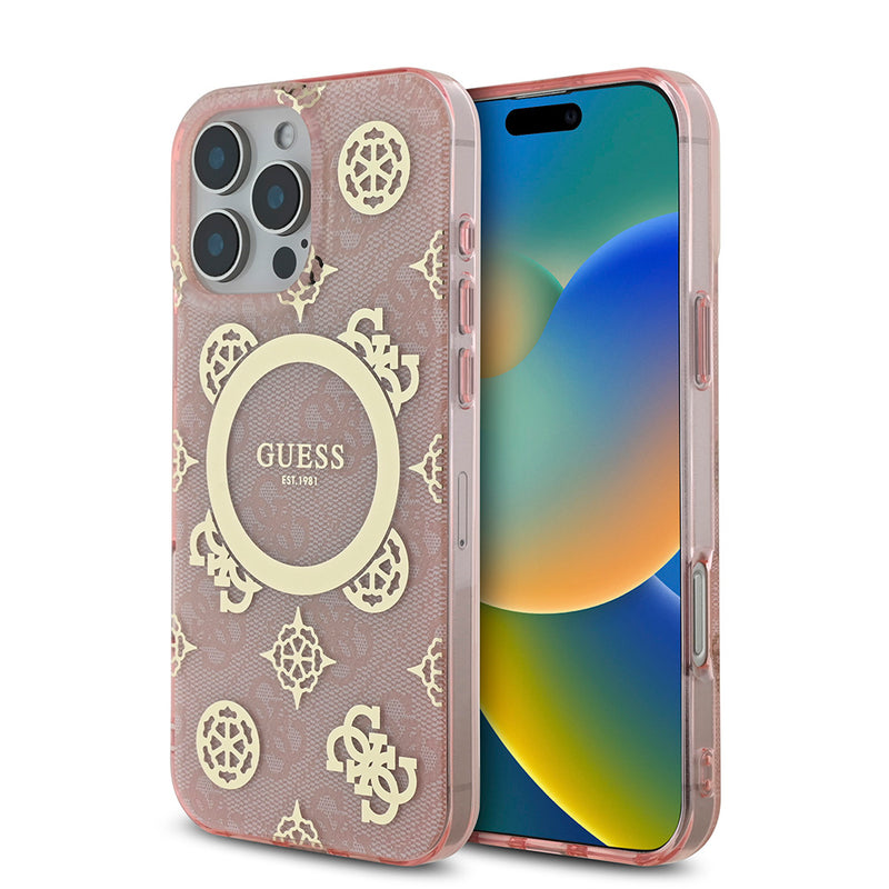 Apple iPhone 16 Pro Max Kılıf Guess Magsafe Şarj Özellikli IML Peony ve 4G Desenli Klasik Logolu Kapak Pembe