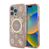 Apple iPhone 16 Pro Max Kılıf Guess Magsafe Şarj Özellikli IML Peony ve 4G Desenli Klasik Logolu Kapak Pembe