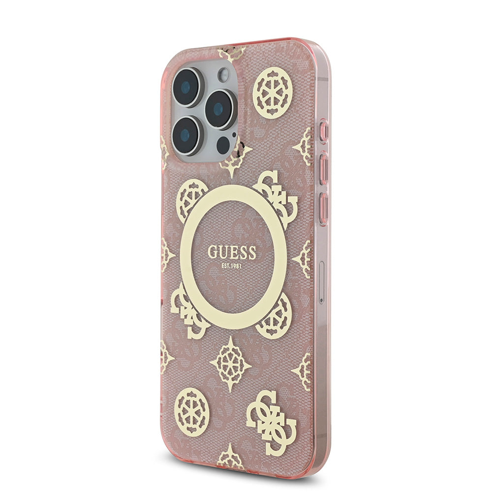 Apple iPhone 16 Pro Max Kılıf Guess Magsafe Şarj Özellikli IML Peony ve 4G Desenli Klasik Logolu Kapak Pembe