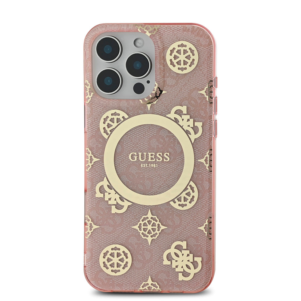 Apple iPhone 16 Pro Max Kılıf Guess Magsafe Şarj Özellikli IML Peony ve 4G Desenli Klasik Logolu Kapak Pembe