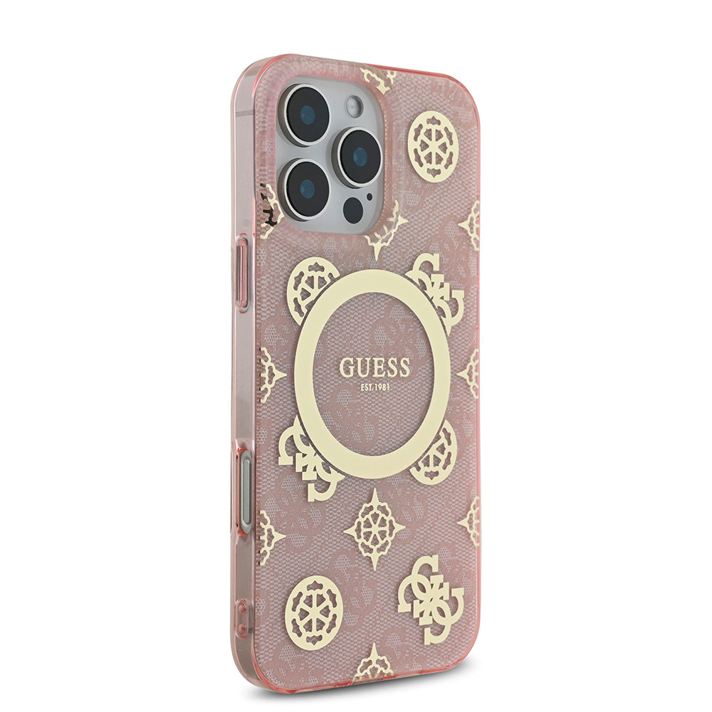 Apple iPhone 16 Pro Max Kılıf Guess Magsafe Şarj Özellikli IML Peony ve 4G Desenli Klasik Logolu Kapak Pembe