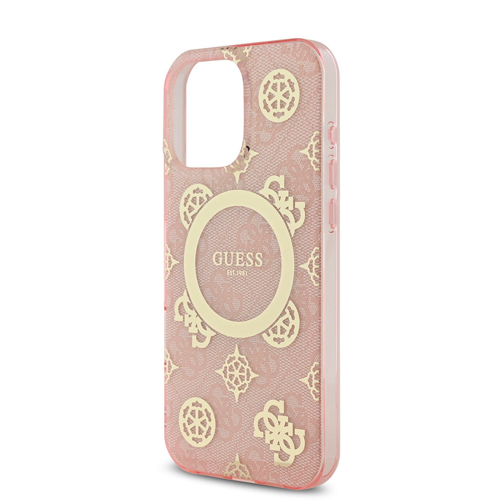 Apple iPhone 16 Pro Max Kılıf Guess Magsafe Şarj Özellikli IML Peony ve 4G Desenli Klasik Logolu Kapak Pembe