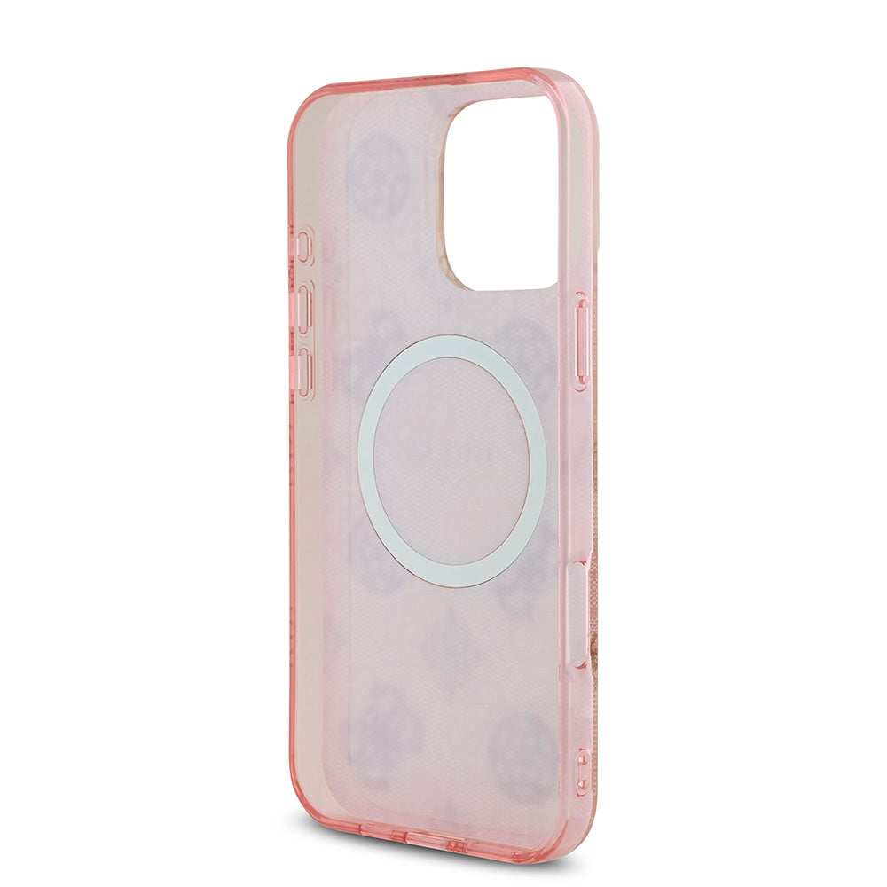 Apple iPhone 16 Pro Max Kılıf Guess Magsafe Şarj Özellikli IML Peony ve 4G Desenli Klasik Logolu Kapak Pembe