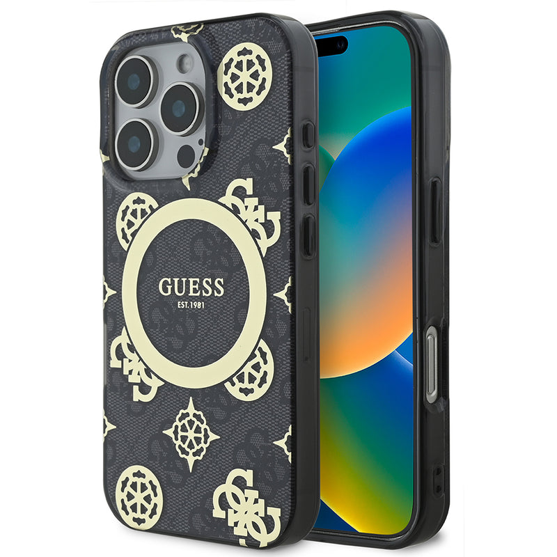 Apple iPhone 16 Pro Max Kılıf Guess Magsafe Şarj Özellikli IML Peony ve 4G Desenli Klasik Logolu Kapak Siyah