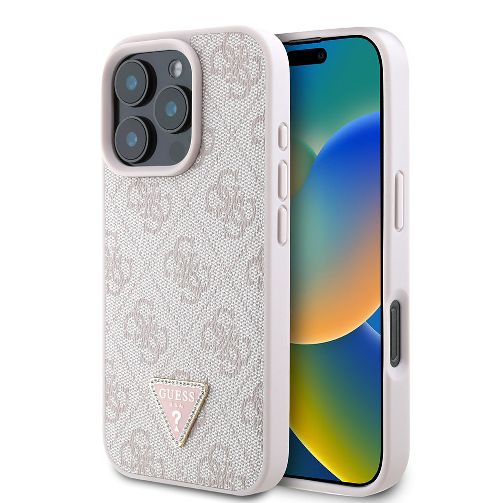 Apple iPhone 16 Pro Max Kılıf Guess Magsafe Şarj Özellikli PU Deri 4G Desenli Taşlı Üçgen Logolu Kapak Pembe