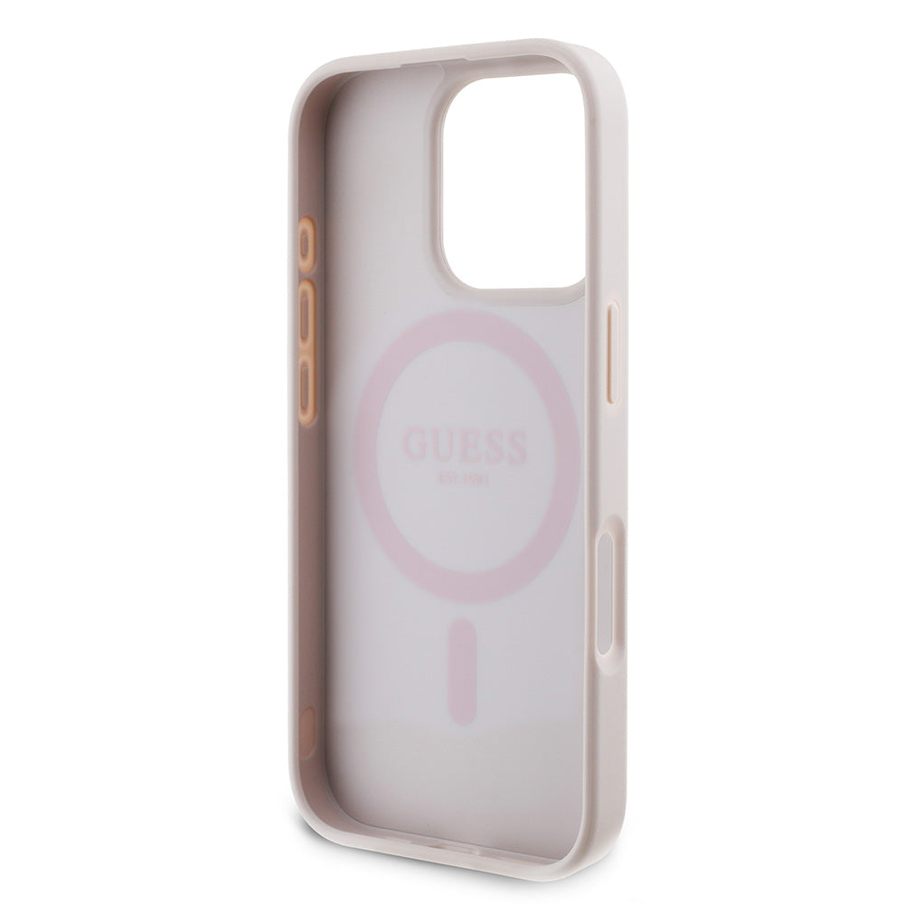 Apple iPhone 16 Pro Max Kılıf Guess Magsafe Şarj Özellikli PU Deri 4G Desenli Taşlı Üçgen Logolu Kapak Pembe