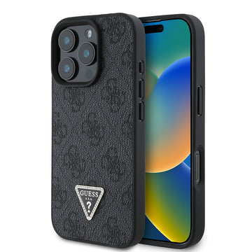 Apple iPhone 16 Pro Max Kılıf Guess Magsafe Şarj Özellikli PU Deri 4G Desenli Taşlı Üçgen Logolu Kapak Siyah