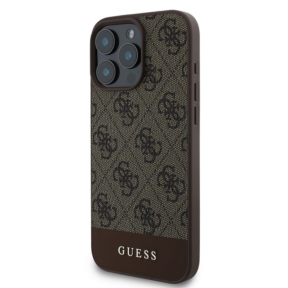 Apple iPhone 16 Pro Max Kılıf Guess Magsafe Şarj Özellikli PU Deri Şerit Logo Dizaynlı Kapak Kahverengi