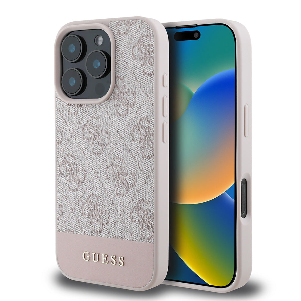 Apple iPhone 16 Pro Max Kılıf Guess Magsafe Şarj Özellikli PU Deri Şerit Logo Dizaynlı Kapak Pembe