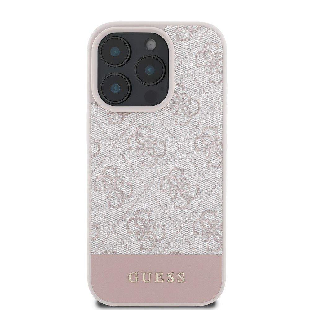 Apple iPhone 16 Pro Max Kılıf Guess Magsafe Şarj Özellikli PU Deri Şerit Logo Dizaynlı Kapak Pembe