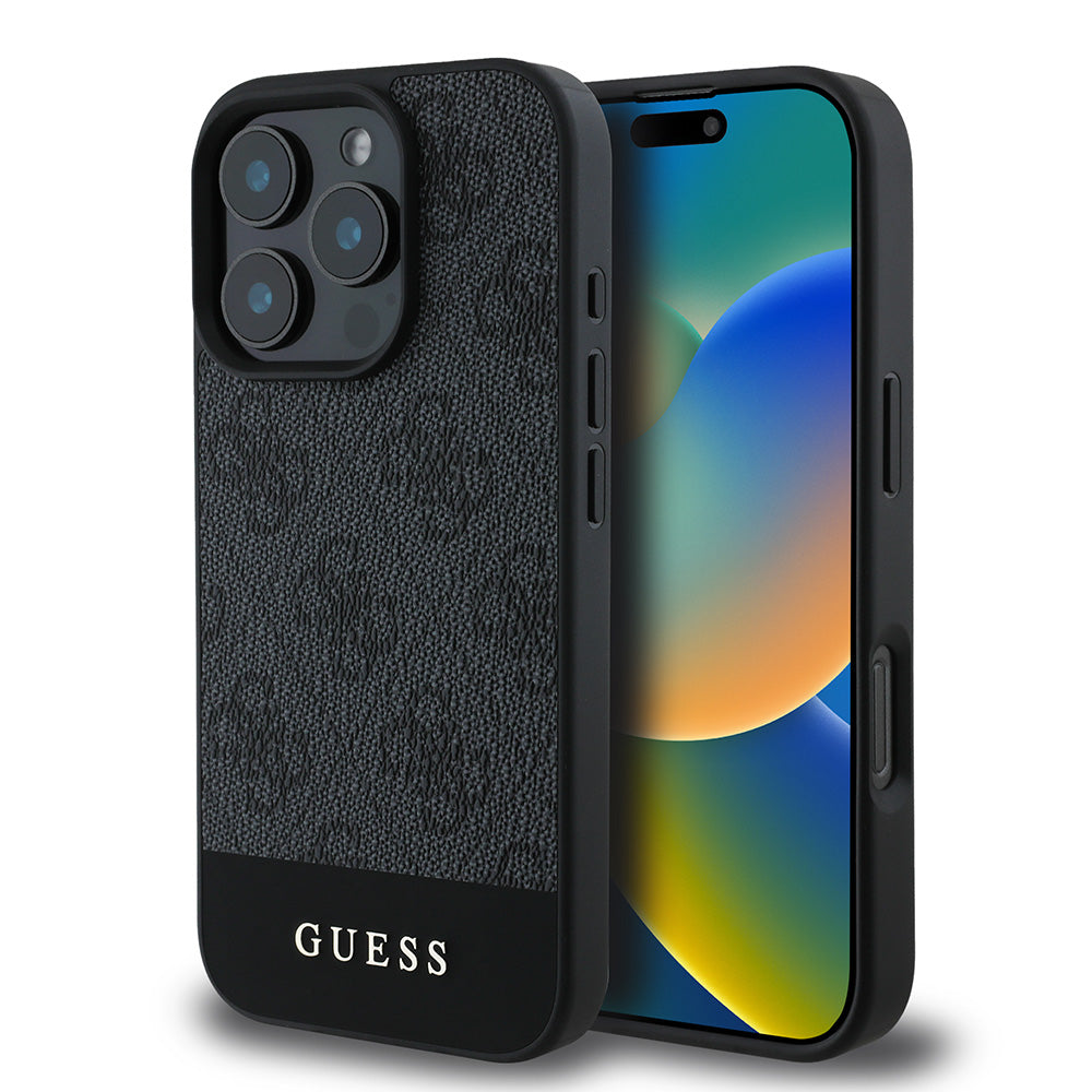 Apple iPhone 16 Pro Max Kılıf Guess Magsafe Şarj Özellikli PU Deri Şerit Logo Dizaynlı Kapak Siyah