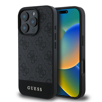Apple iPhone 16 Pro Max Kılıf Guess Magsafe Şarj Özellikli PU Deri Şerit Logo Dizaynlı Kapak Siyah