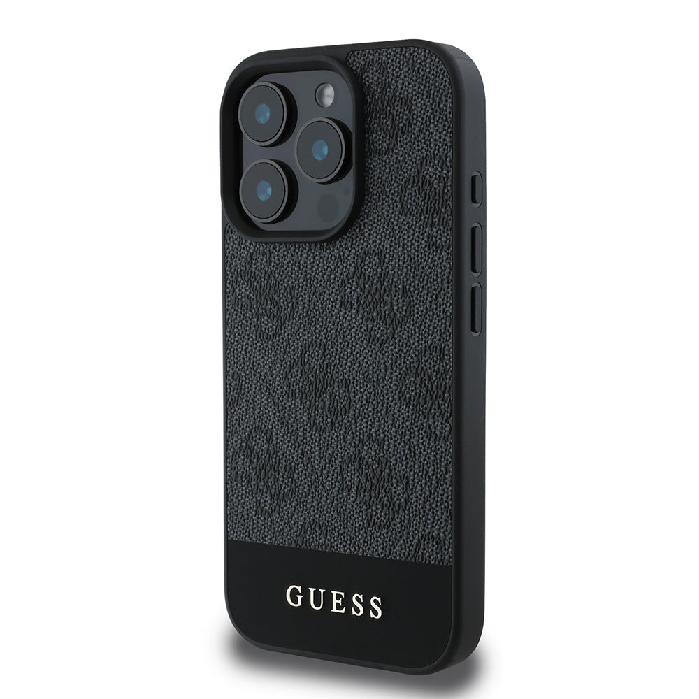 Apple iPhone 16 Pro Max Kılıf Guess Magsafe Şarj Özellikli PU Deri Şerit Logo Dizaynlı Kapak Siyah