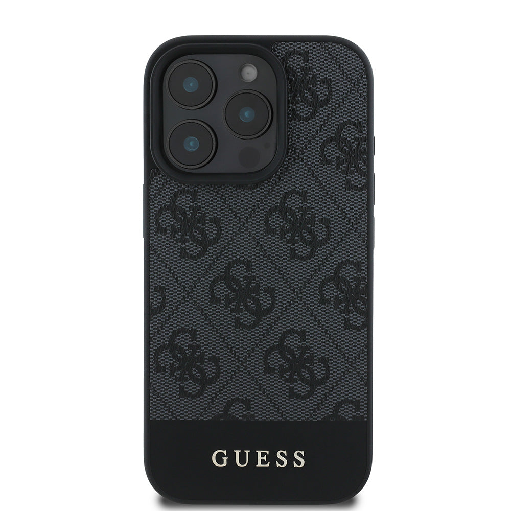 Apple iPhone 16 Pro Max Kılıf Guess Magsafe Şarj Özellikli PU Deri Şerit Logo Dizaynlı Kapak Siyah