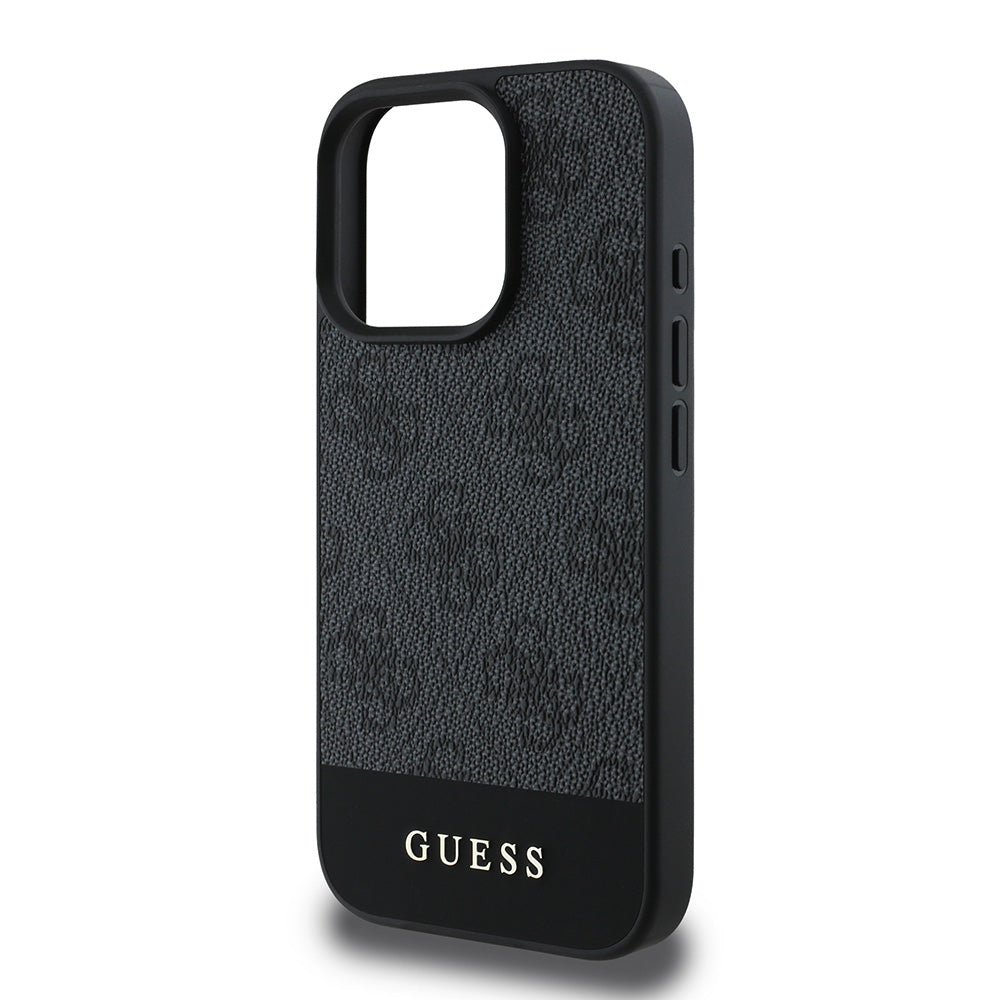 Apple iPhone 16 Pro Max Kılıf Guess Magsafe Şarj Özellikli PU Deri Şerit Logo Dizaynlı Kapak Siyah