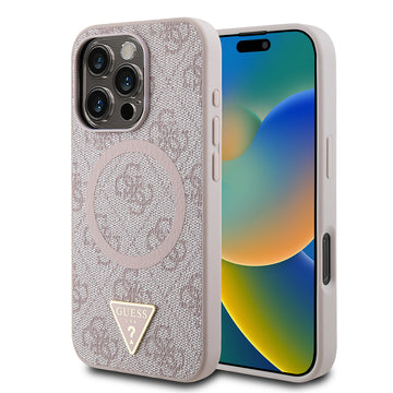 Apple iPhone 16 Pro Max Kılıf Guess Magsafe Şarj Özellikli PU Üçgen Logolu 4G Desenli Kapak Pembe