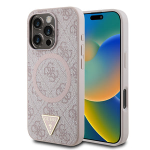 Apple iPhone 16 Pro Kılıf Guess Magsafe Şarj Özellikli PU Üçgen Logolu 4G Desenli Kapak Pembe