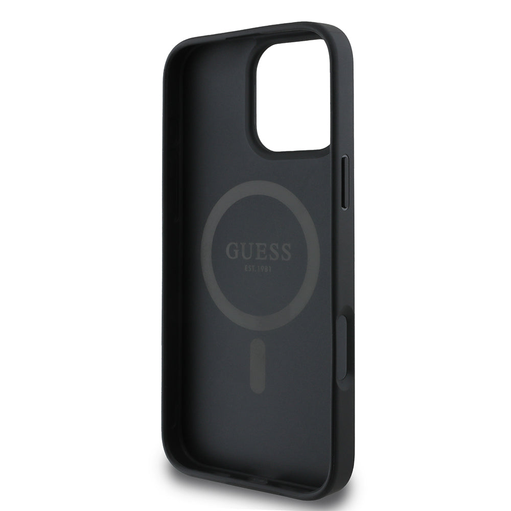 Apple iPhone 16 Pro Kılıf Guess Magsafe Şarj Özellikli PU Üçgen Logolu 4G Desenli Kapak Siyah