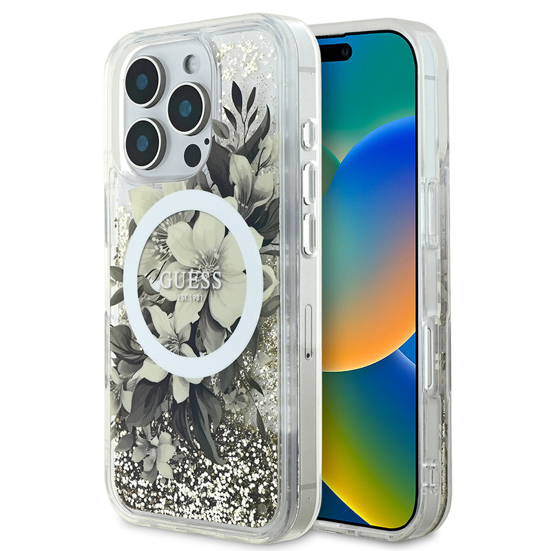 Apple iPhone 16 Pro Max Kılıf Guess Magsafe Şarj Özellikli Sıvılı Simli Çiçek Desenli Kapak Bej