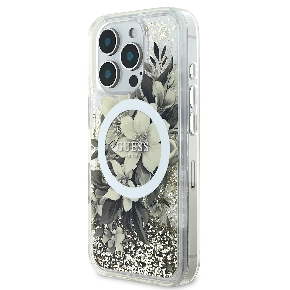 Apple iPhone 16 Pro Max Kılıf Guess Magsafe Şarj Özellikli Sıvılı Simli Çiçek Desenli Kapak Bej