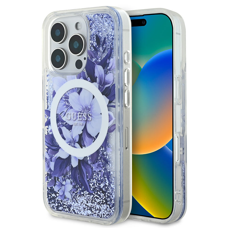 Apple iPhone 16 Pro Max Kılıf Guess Magsafe Şarj Özellikli Sıvılı Simli Çiçek Desenli Kapak Mor