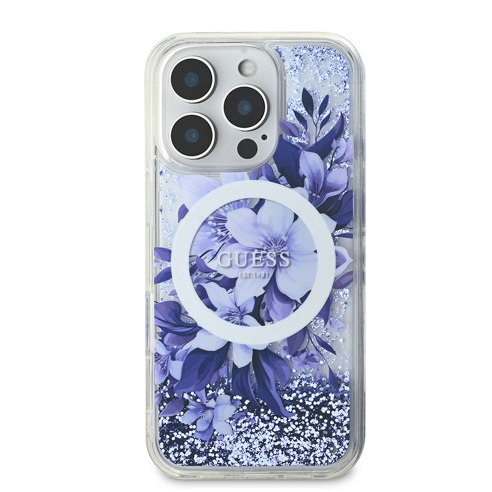 Apple iPhone 16 Pro Max Kılıf Guess Magsafe Şarj Özellikli Sıvılı Simli Çiçek Desenli Kapak Mor