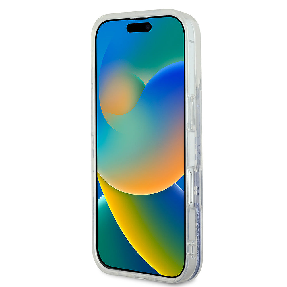 Apple iPhone 16 Pro Max Kılıf Guess Magsafe Şarj Özellikli Sıvılı Simli Çiçek Desenli Kapak Mor