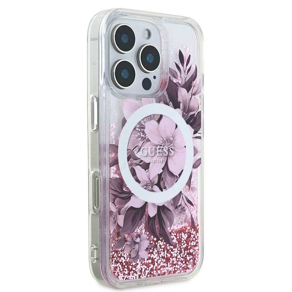 Apple iPhone 16 Pro Max Kılıf Guess Magsafe Şarj Özellikli Sıvılı Simli Çiçek Desenli Kapak Pembe