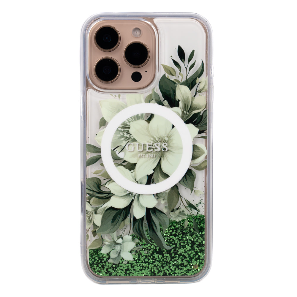 Apple iPhone 16 Pro Max Kılıf Guess Magsafe Şarj Özellikli Sıvılı Simli Çiçek Desenli Kapak Yeşil