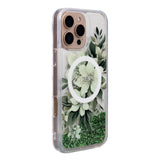 Apple iPhone 16 Pro Max Kılıf Guess Magsafe Şarj Özellikli Sıvılı Simli Çiçek Desenli Kapak Yeşil