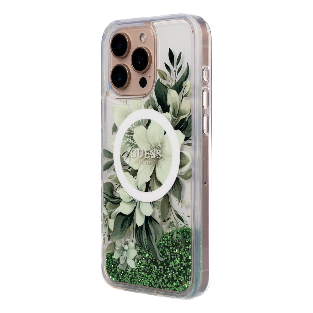 Apple iPhone 16 Pro Max Kılıf Guess Magsafe Şarj Özellikli Sıvılı Simli Çiçek Desenli Kapak Yeşil