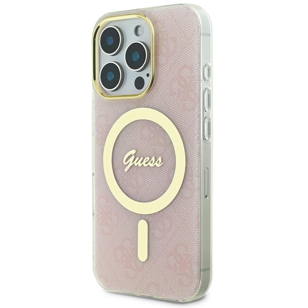 Apple iPhone 16 Pro Max Kılıf Guess Magsafe Şarj Özellikli Yazı Logolu 4G Desenli Kapak Pembe