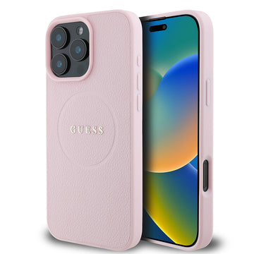 Apple iPhone 16 Pro Max Kılıf Guess Magsafe Şarj Özellikli Yazı Logolu Grained Kapak Pembe