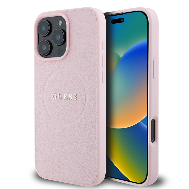 Apple iPhone 16 Pro Max Kılıf Guess Magsafe Şarj Özellikli Yazı Logolu Grained Kapak Pembe