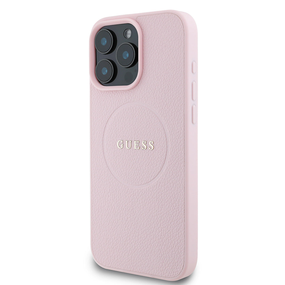 Apple iPhone 16 Pro Max Kılıf Guess Magsafe Şarj Özellikli Yazı Logolu Grained Kapak Pembe