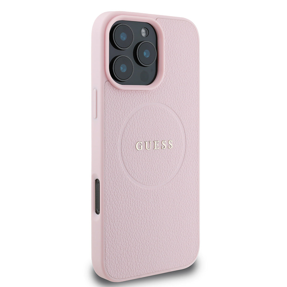 Apple iPhone 16 Pro Max Kılıf Guess Magsafe Şarj Özellikli Yazı Logolu Grained Kapak Pembe