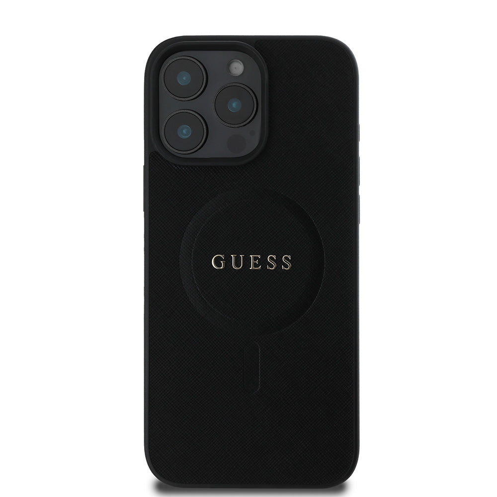 Apple iPhone 16 Pro Max Kılıf Guess Magsafe Şarj Özellikli Yazı Logolu Saffiano Classic Kapak Siyah
