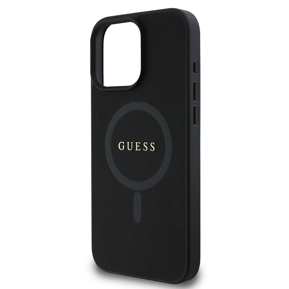Apple iPhone 16 Pro Max Kılıf Guess Magsafe Şarj Özellikli Yazı Logolu Saffiano Classic Kapak Siyah