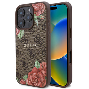 Apple iPhone 16 Pro Kılıf Guess Magsafe Uyumlu Gül Baskılı ve 4G Desenli Kapak Kahverengi