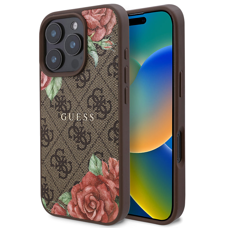 Apple iPhone 16 Pro Kılıf Guess Magsafe Uyumlu Gül Baskılı ve 4G Desenli Kapak Kahverengi